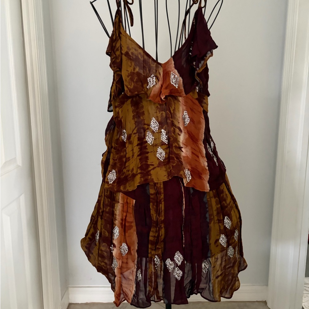 Zara Brown and Maroon Silk Tie-Dye Camisole with Sequin Motifs